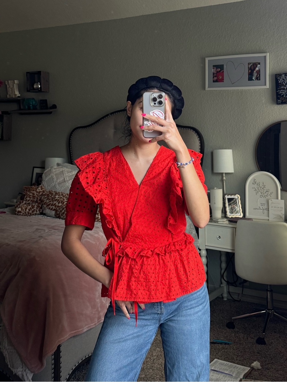 J. Crew Red Eyelet Wrap Blouse with Ruffle Sleeves